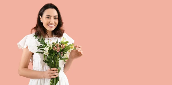Beautiful Happy Young Woman Bouquet Alstroemeria Flowers Pink Background Space — Stock Photo, Image