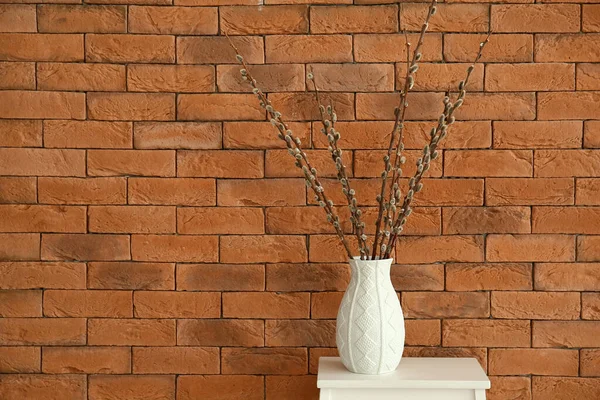 Vase Pussy Willow Branches Stool Brick Wall — Stock Photo, Image