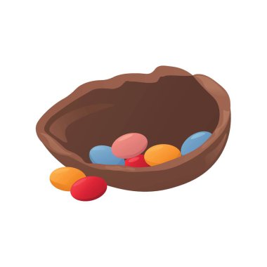 Kırık çikolata yumurtası ve beyaz arka planda şekerler.