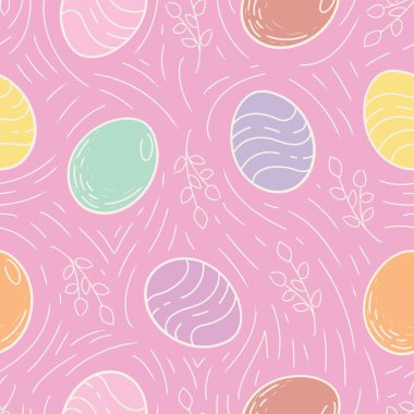 Many drawn Easter eggs on beige background. Texture for design 
