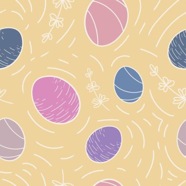 Many drawn Easter eggs on beige background. Texture for design 