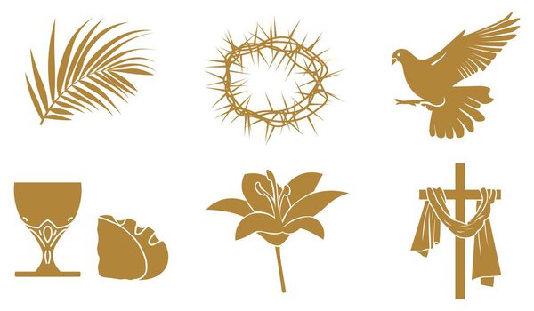 Set of golden symbols of Christianity on white background