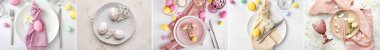 Collection of beautiful table settings for Easter dinner on light background