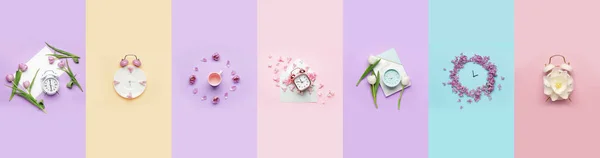 Collage Alarm Clocks Flowers Color Background Top View Spring Time — 스톡 사진