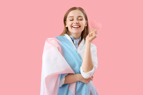 Young Woman Transgender Flag Paper Heart Pink Background — Stock Photo, Image