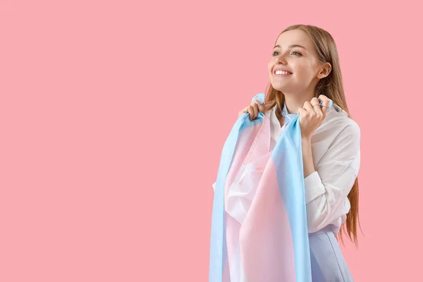Young Woman Transgender Flag Pink Background — Stock Photo, Image