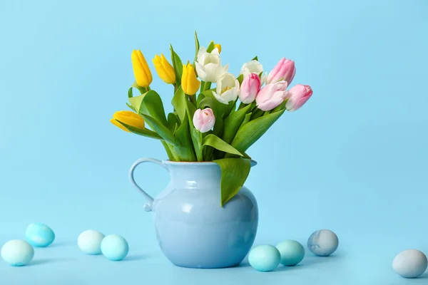 Jug Beautiful Tulip Flowers Painted Easter Eggs Color Background — Stock Photo, Image