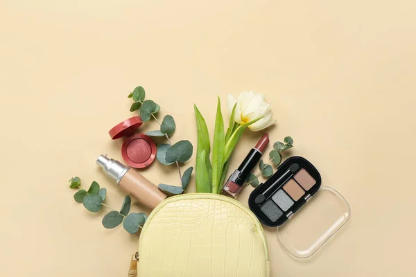 Composition Bag Cosmetics Tulip Flower Eucalyptus Branches Color Background — Stock Photo, Image
