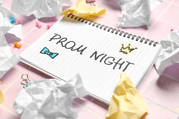 Notebook Text Prom Night Crumpled Paper Clips Chalks Pink Tile — Fotografia de Stock