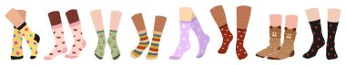 Set of human legs with stylish socks on white background