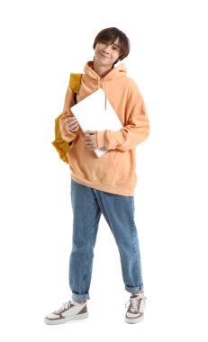 Male student with laptop and backpack on white background