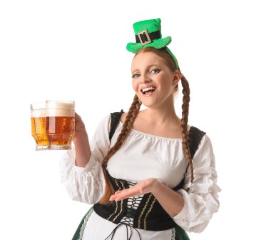 Irish waitress with glasses of beer on white background. St. Patrick's Day celebration