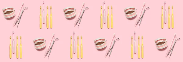 Many Models Jaw Dentist Tools Toothbrushes Pink Background Pattern Design — Stockfoto