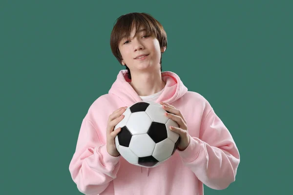 Teenage Boy Soccer Ball Green Background — Stock Photo, Image