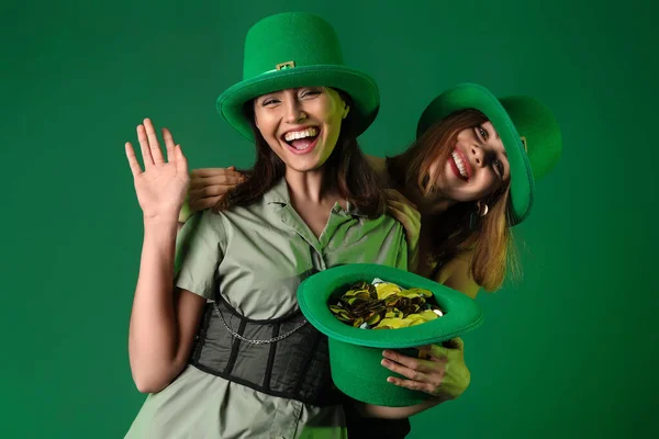 Young Women Leprechaun Hat Green Background Patrick Day Celebration — Photo