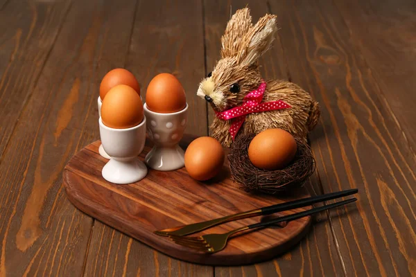 Table Serving Easter Eggs Bunny Brown Wooden Background — Fotografia de Stock