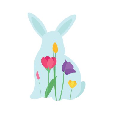 Cute Easter bunny with spring flowers on white background