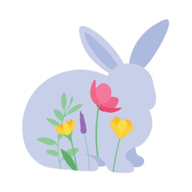 Cute Easter bunny with spring flowers on white background