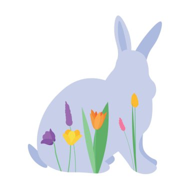 Cute Easter bunny with spring flowers on white background