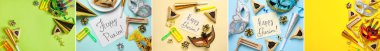 Festive collage for Purim celebration on color background