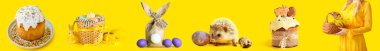 Collage of tasty Easter cakes with painted eggs, cute hedgehog and mimosa flowers on yellow background