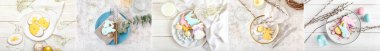 Festive collage with Easter cookies, candies and table settings on light background