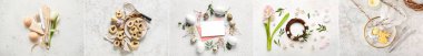 Festive collage with Easter cookies, letter, eggs, wreath and table setting on light background