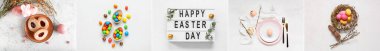 Festive collage with Easter cookies, chocolate candies, painted eggs and table setting on light background