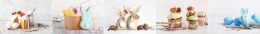 Festive collage with Easter cookies, cakes, eggs, decorative bunnies and chocolate candies on light background