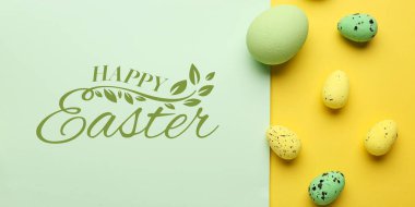 Easter greeting card and painted eggs on yellow background