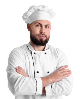 Male baker in uniform on white background