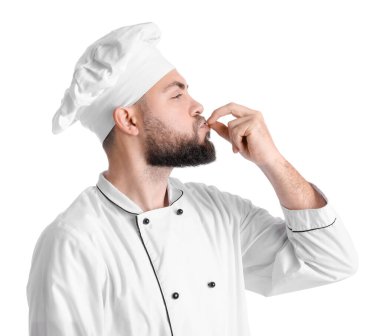 Male baker in uniform on white background