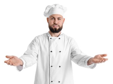 Male baker in uniform on white background