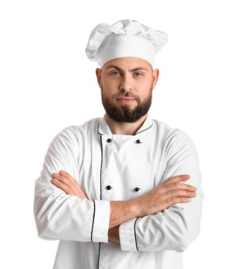 Male baker in uniform on white background