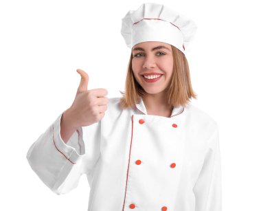 Female baker in uniform showing thumb-up on white background