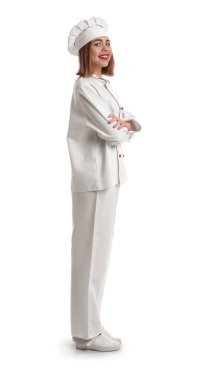 Female baker in uniform on white background