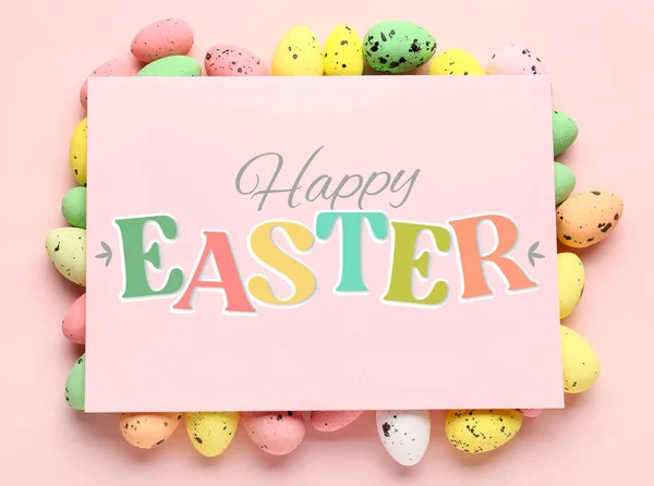 Easter Greeting Card Painted Eggs Pink Background — 스톡 사진