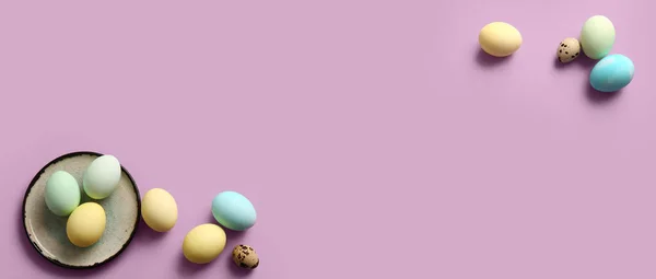 Plate Beautiful Easter Eggs Lilac Background Space Text — 스톡 사진