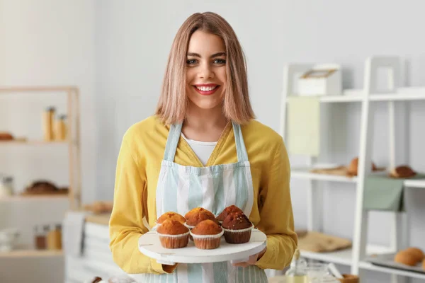 Female Baker Tray Tasty Cupcakes Kitchen — Stock Photo, Image