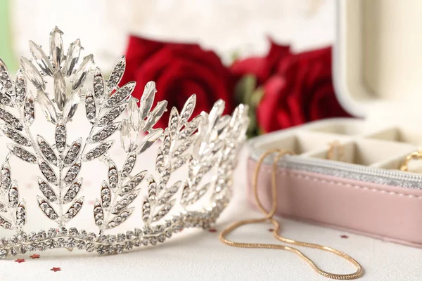 Beautiful Tiara Jewelry White Table Closeup Prom Concept — Stok fotoğraf
