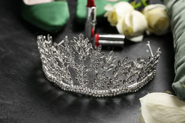 Beautiful Tiara Black Table Closeup Prom Concept — Zdjęcie stockowe