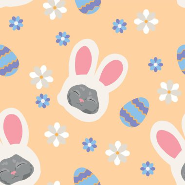 Easter pattern with heads of cat, eggs and flowers on beige background