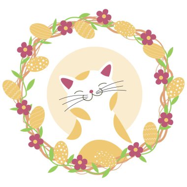 Cute cat with Easter wreath on white background
