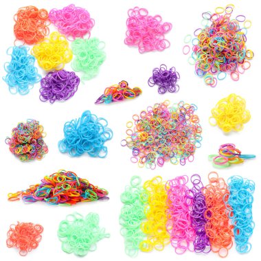 Collage of colorful rubber bands on white background