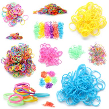 Collage of colorful rubber bands on white background