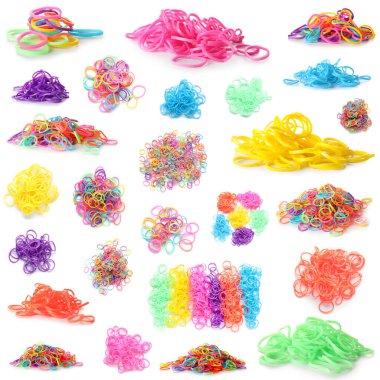 Collage of colorful rubber bands on white background