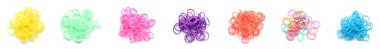 Collage of colorful rubber bands on white background, top view