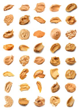Collage of tasty peanut butter samples on white background
