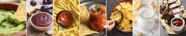 Collage of tasty dishes with delicious sauces on table