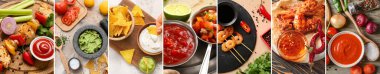 Group of tasty dishes with delicious sauces on table